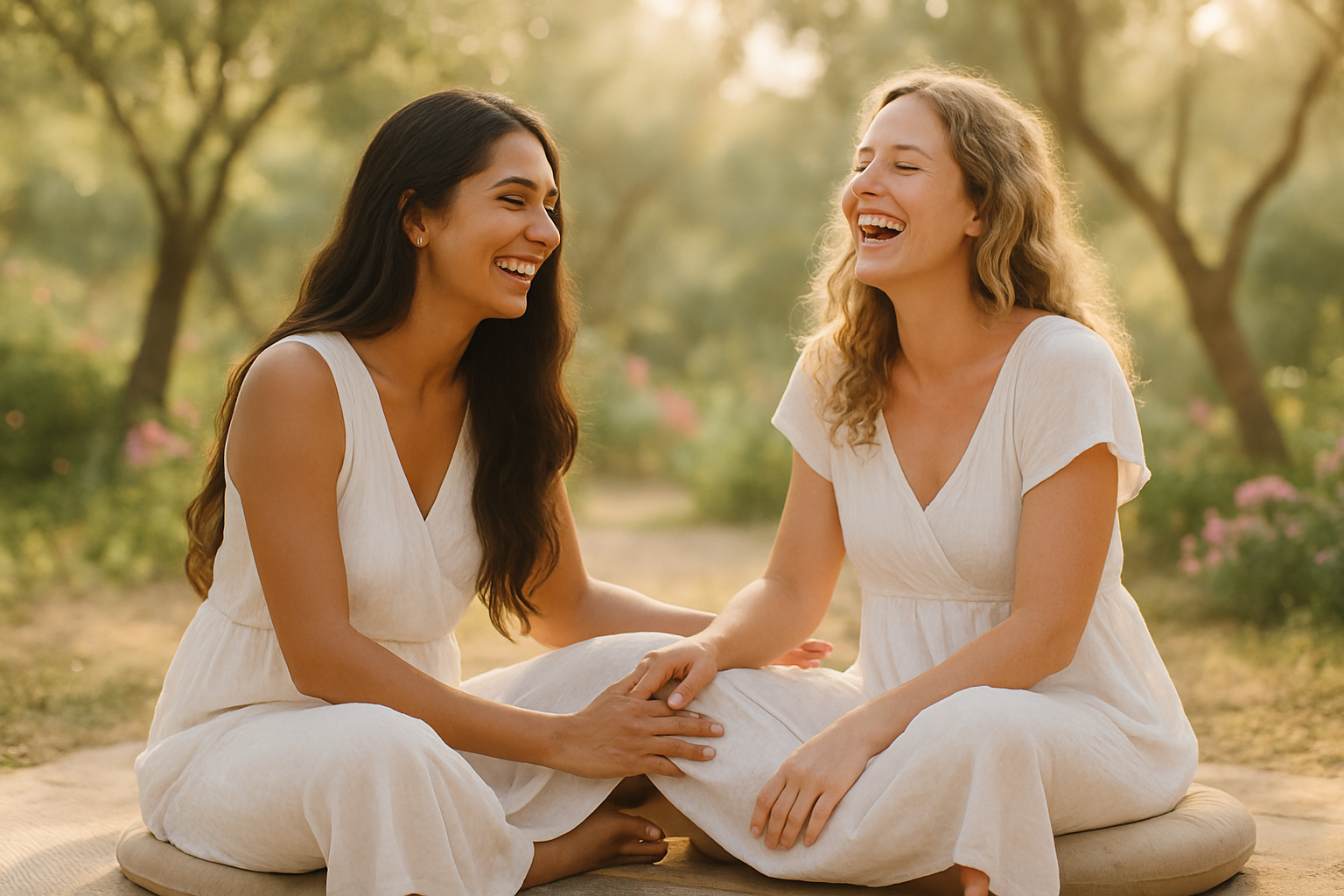TWO WOMEN FRIENDS HAVING A WONDERFUL TIME AT A SPRITUAL RETREAT WHERE WHITE DRESS